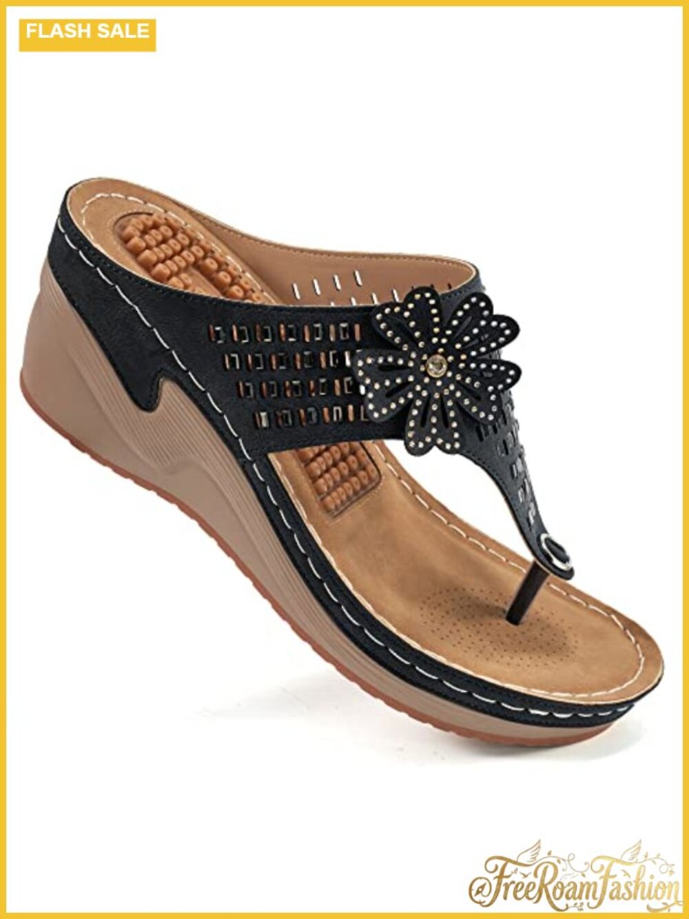 Women's Wedge Sandals with Cushion Footbed, Breathable Holes, Flower Platform,